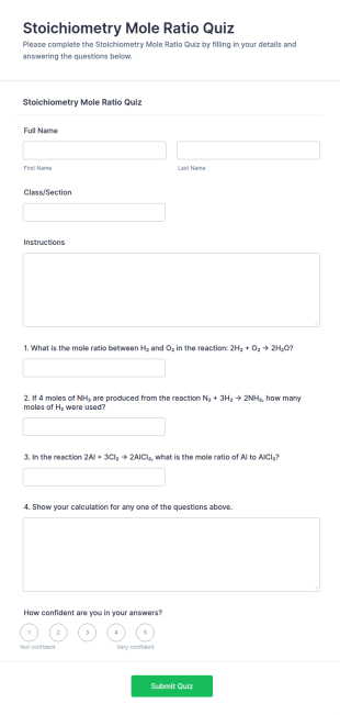 Stoichiometry Mole Ratio Quiz Form Template