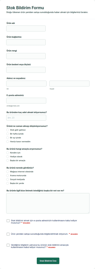 Stok Güncellemesi Bildirim Form Şablonu