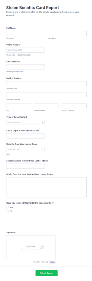 Stolen Benefits Card Report Form Template