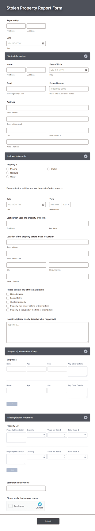 Stolen Property Report Form Template