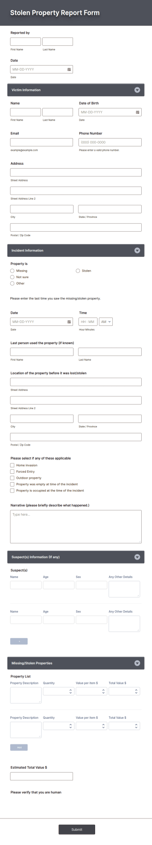 Stolen Property Report Form Template
