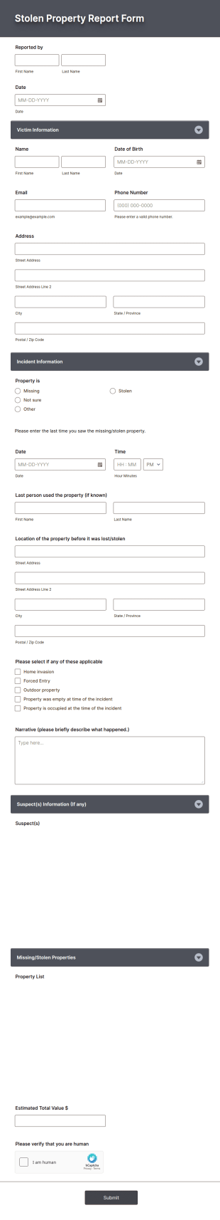 Stolen Property Report Form Template
