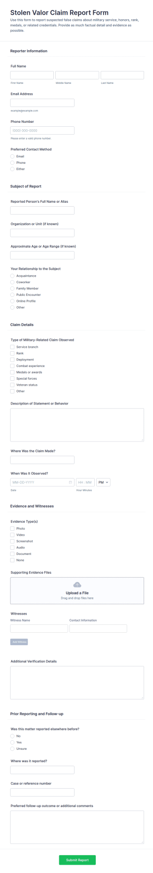 Stolen Valor Claim Report Form Template