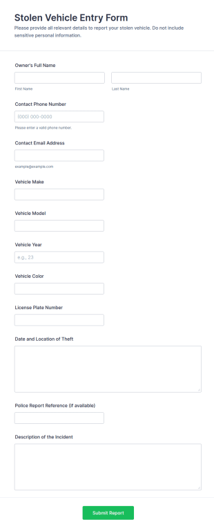 Stolen Vehicle Entry Form Template