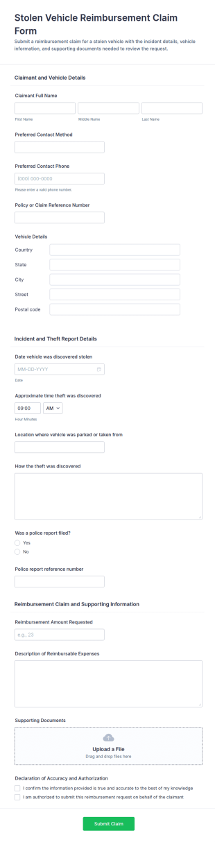 Stolen Vehicle Reimbursement Claim Form Template
