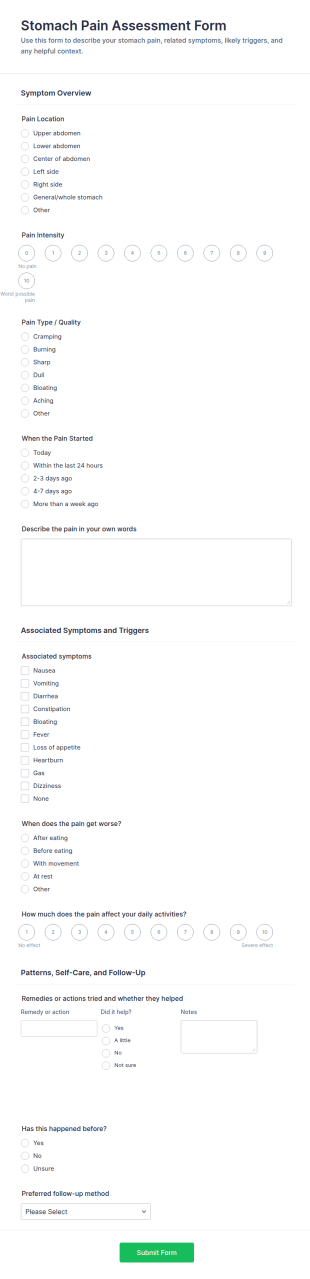 Stomach Pain Assessment Form Template