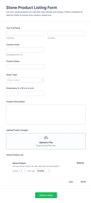 Stone Product Listing Form Template