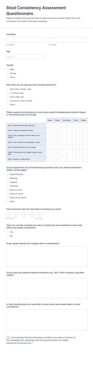 Stool Consistency Assessment Questionnaire Form Template