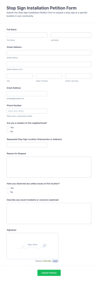 Stop Sign Installation Petition Form Template