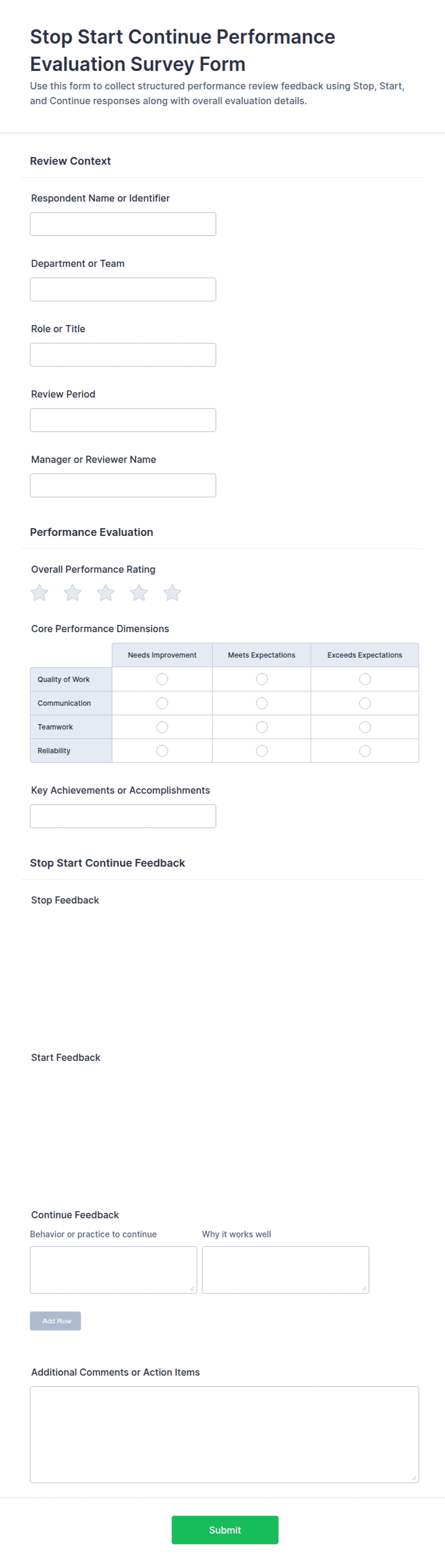 Stop Start Continue Performance Evaluation Survey Form Template | Jotform