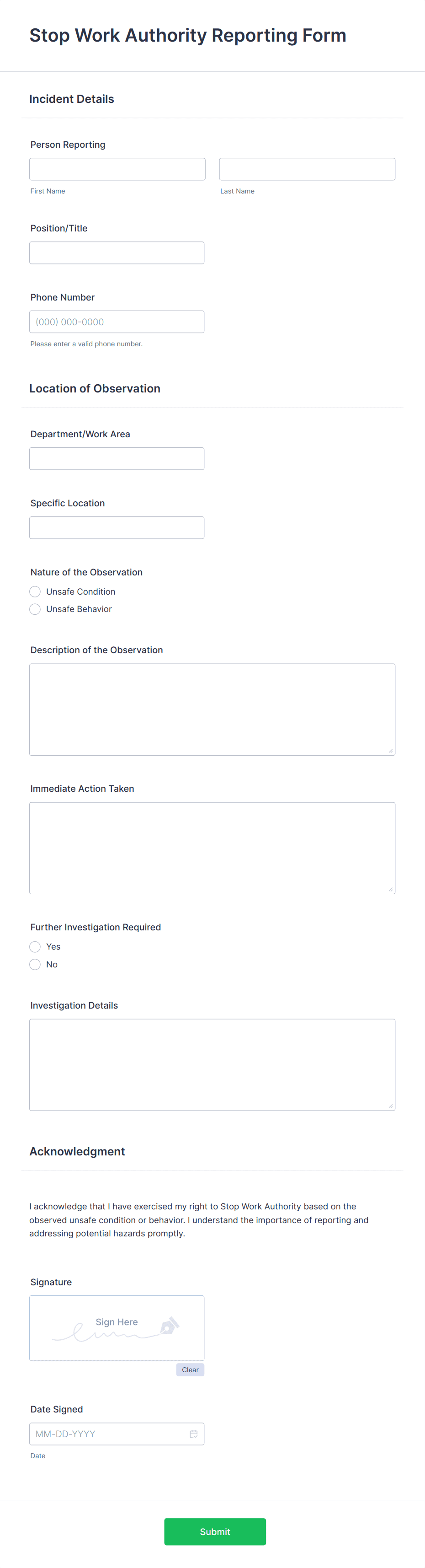 Stop Work Authority Reporting Form Template Jotform