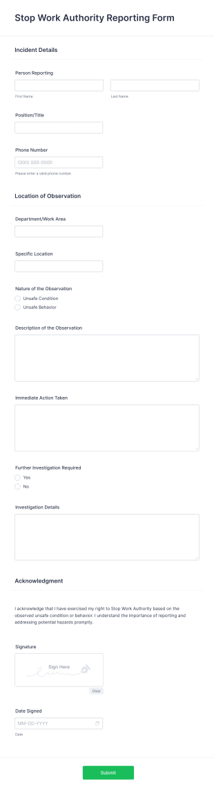Stop Work Authority Reporting Form Template