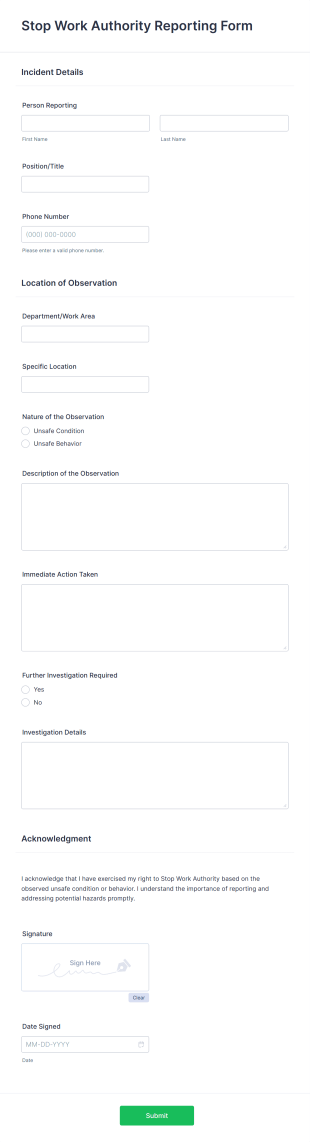 Stop Work Authority Reporting Form Template