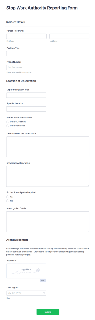 Stop Work Authority Reporting Form Template