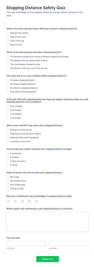 Stopping Distance Safety Quiz Form Template