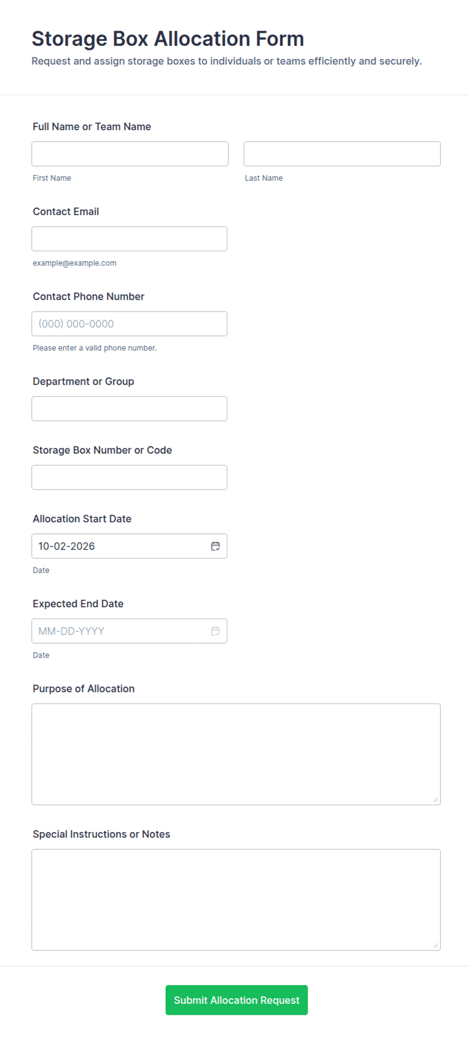 Storage Box Allocation Form Template | Jotform