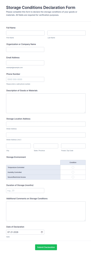 Storage Conditions Declaration Form Template