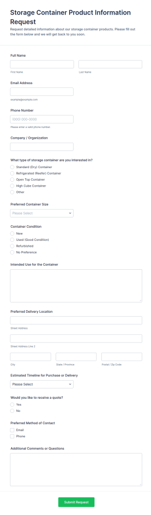 Storage Container Product Information Request Form Template