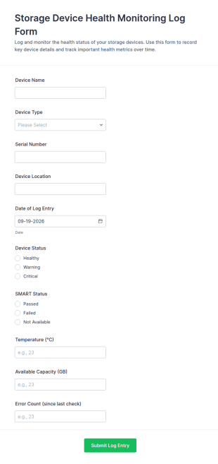 Storage Device Health Monitoring Log Form Template