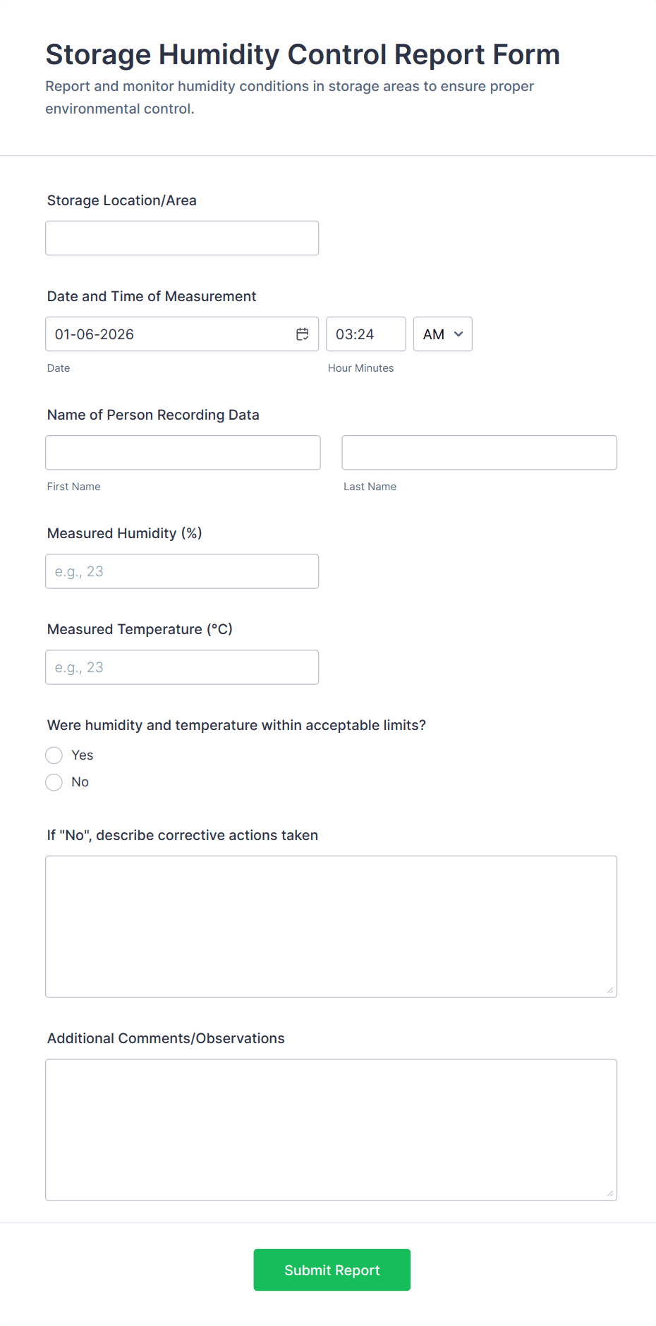 Storage Humidity Control Report Form Template | Jotform