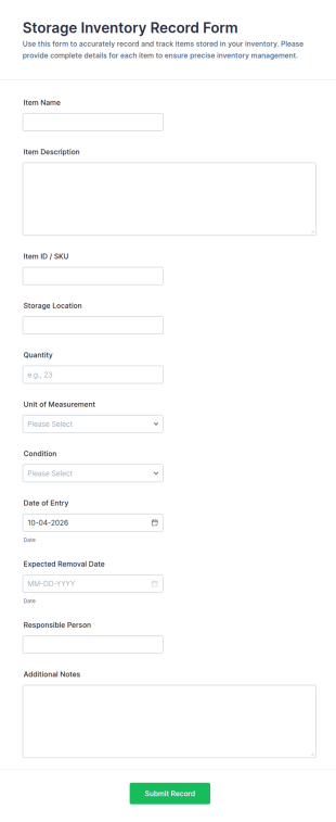 Storage Inventory Record Form Template