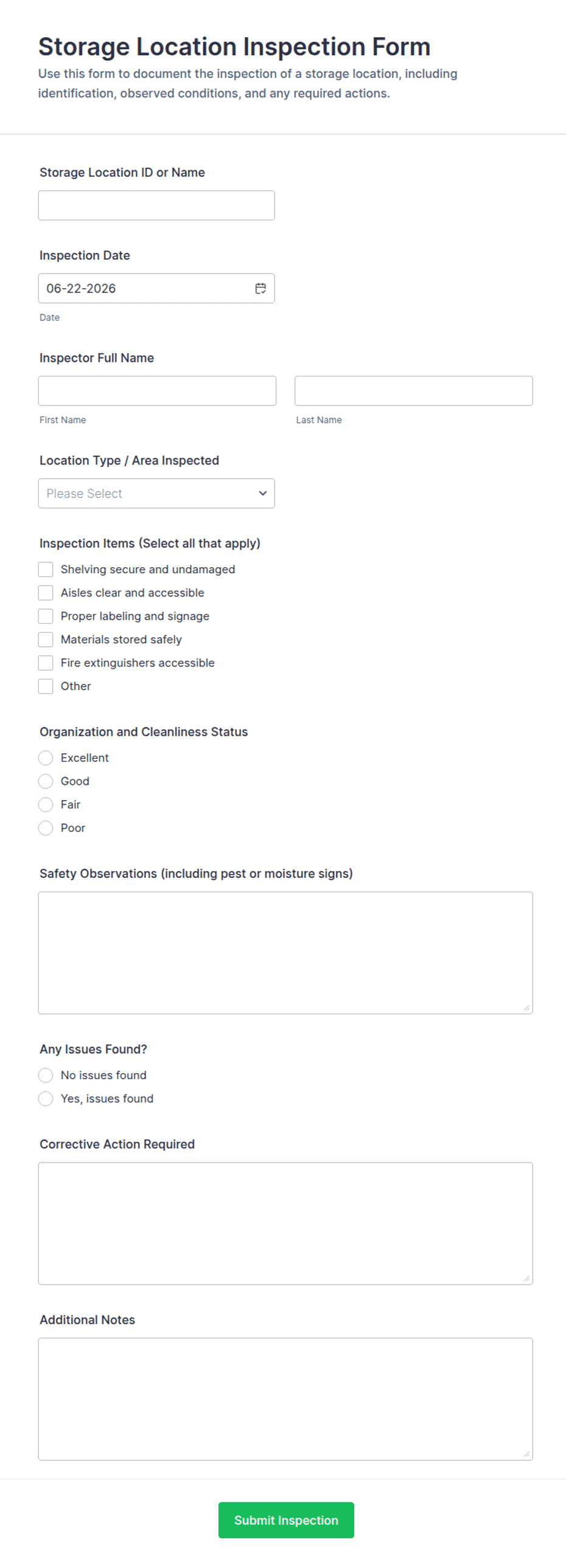 Storage Location Inspection Form Template | Jotform