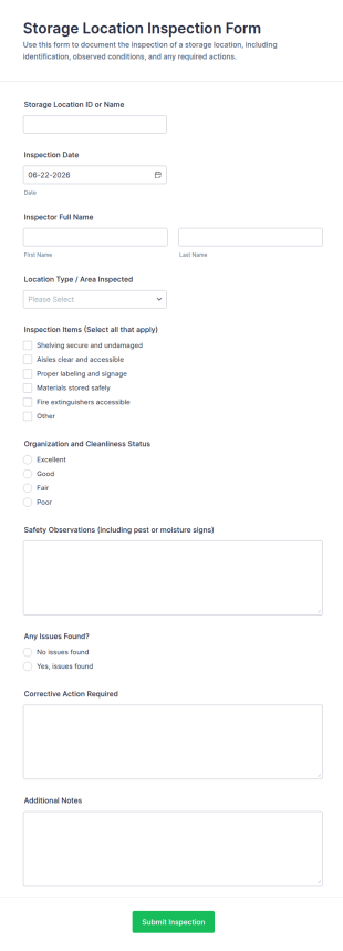 Storage Location Inspection Form Template