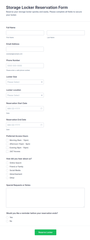 Storage Locker Reservation Form Template