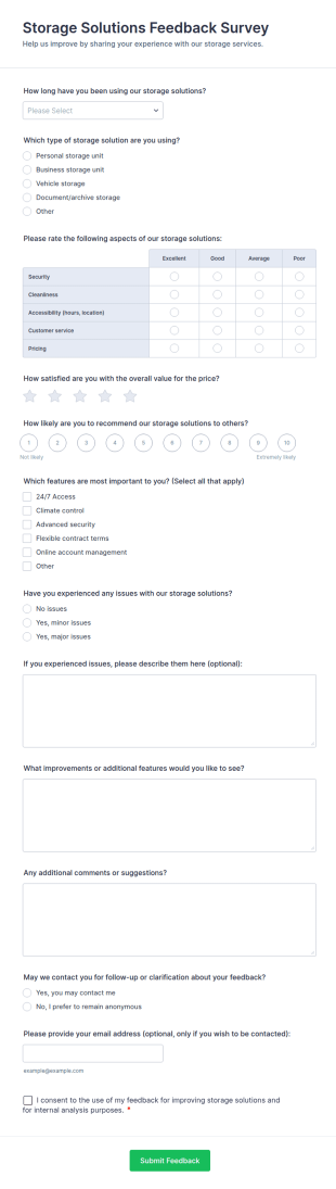 Storage Solutions Feedback Survey Form Template
