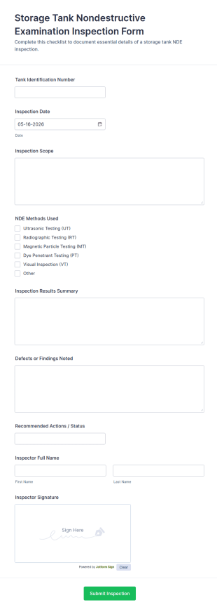 Storage Tank Nondestructive Examination Inspection Checklist Form Template