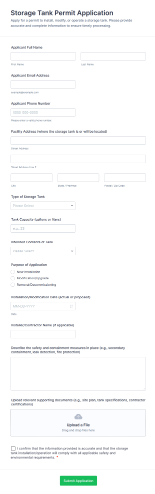 Storage Tank Permit Application Form Template
