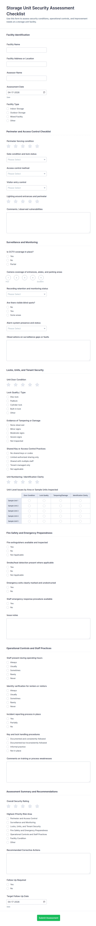 Storage Unit Security Assessment Checklist Form Template