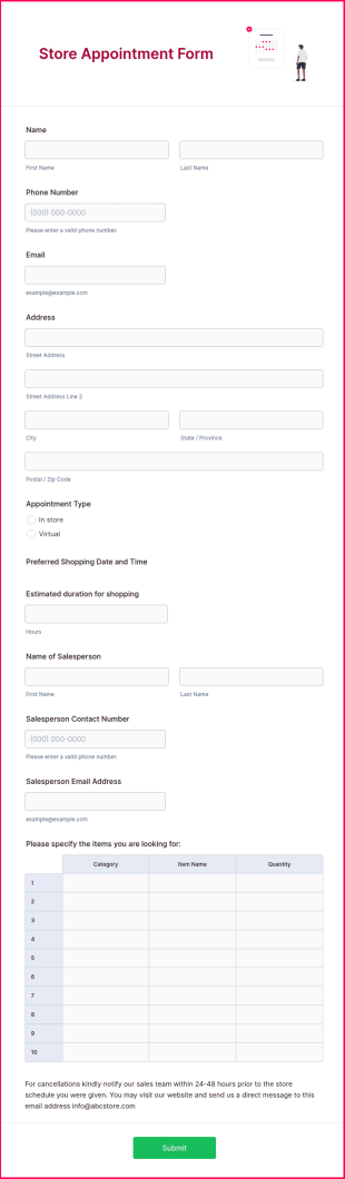 Store Appointment Form Template