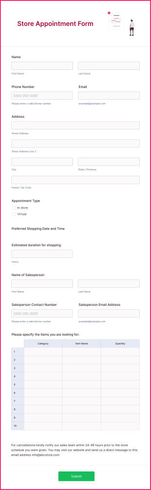 Store Appointment Form Template