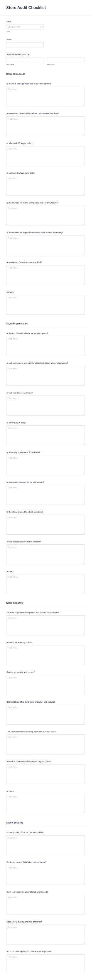 Store Audit Checklist Form Template