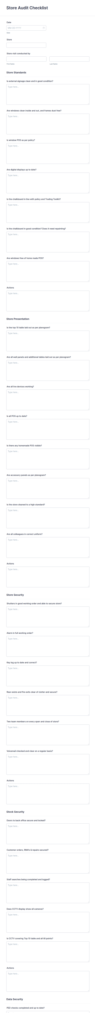 Store Audit Checklist Form Template