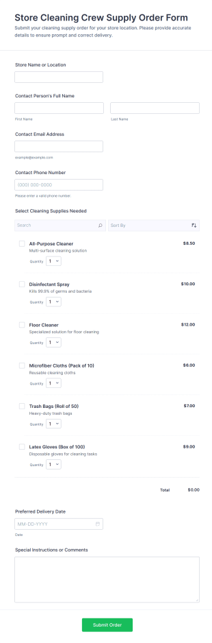 Store Cleaning Crew Supply Order Form Template