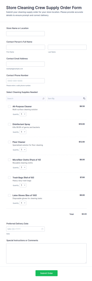 Store Cleaning Crew Supply Order Form Template