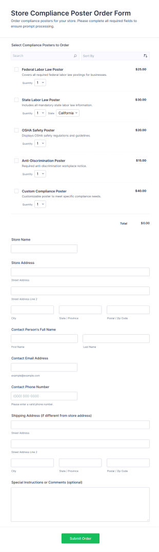 Store Compliance Poster Order Form Template