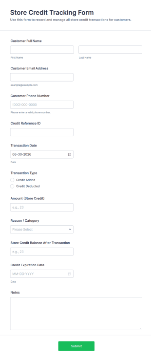 Store Credit Tracking Form Template