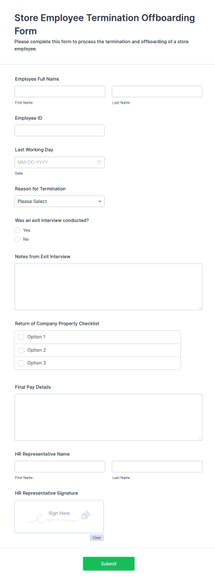 Store Employee Termination Offboarding Form Template