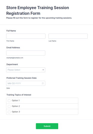 Store Employee Training Session Registration Form Template