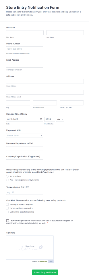 Store Entry Notification Form Template