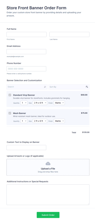 Store Front Banner Order Form Template