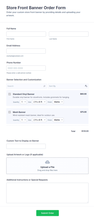Store Front Banner Order Form Template