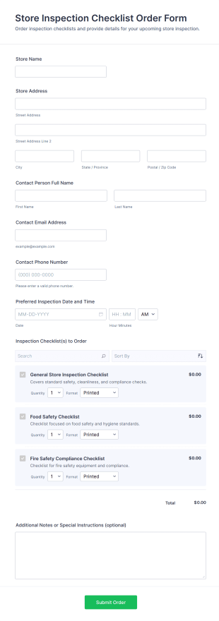 Store Inspection Checklist Order Form Template