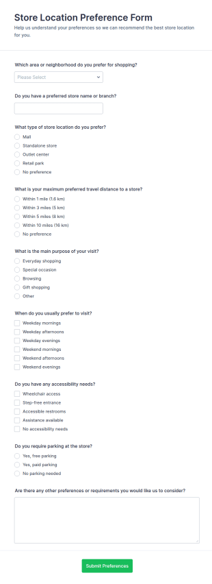 Store Location Preference Form Template