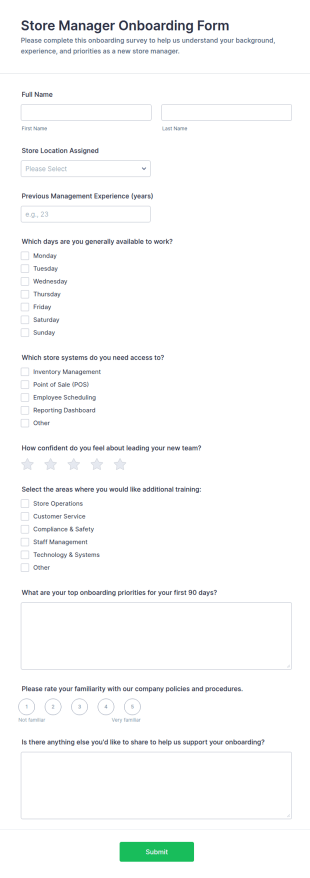 Store Manager Onboarding Survey Form Template