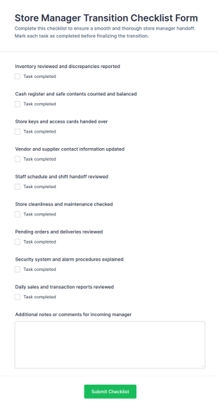 Store Manager Transition Checklist Form Template