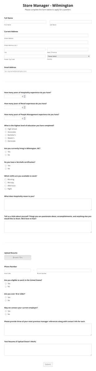 Store Manager Form Template
